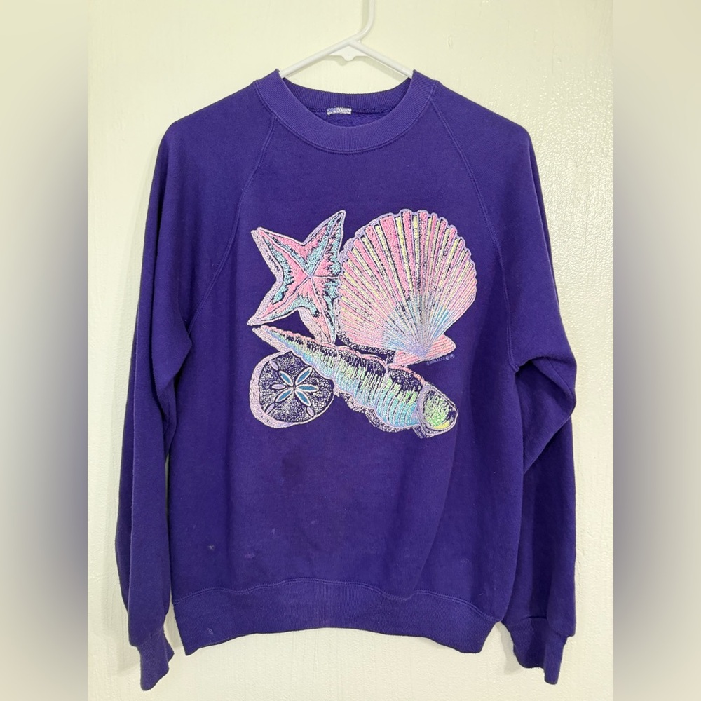 Vintage Purple Crew Neck Shell And Marine Life Neon  Graphic Print No Tag